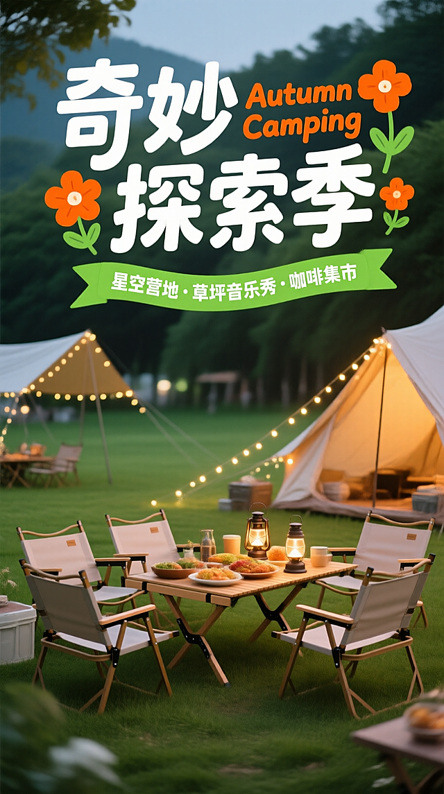 画面上方有白色艺术字标题“奇妙探索季” ，橙色小字“Autumn Camping ”搭配橙色手绘小花，绿色飘带标注 “星空营地・草坪音乐秀・咖啡集市”；中间是露营桌椅，摆放着美食、灯具等露营装备，背景为绿意草地与露营帐篷，搭配串灯营造温馨氛围。
