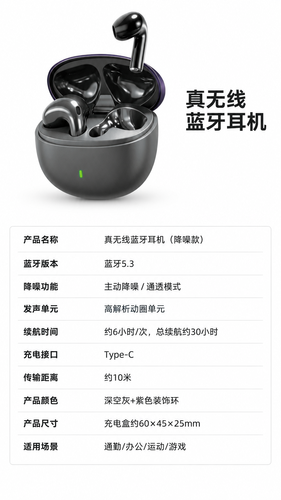 电商详情页第8屏（参数规格）：真无线蓝牙耳机（降噪款） [布局… - 图片创意预览