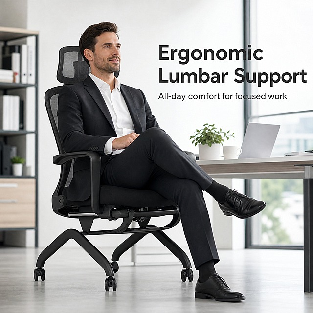 A professional business man sitting comfortably on the exact same black mesh ergonomic office chair from the reference image, keeping all chair features unchanged (mesh backrest, headrest, lumbar support, armrests, wheeled base). Modern bright office background, natural soft lighting, 1:1 square composition. English text overlay in clean sans-serif font: "Ergonomic Lumbar Support" as headline, with smaller text "All-day comfort for focused work". High quality product lifestyle photography, sharp details, professional commercial style.