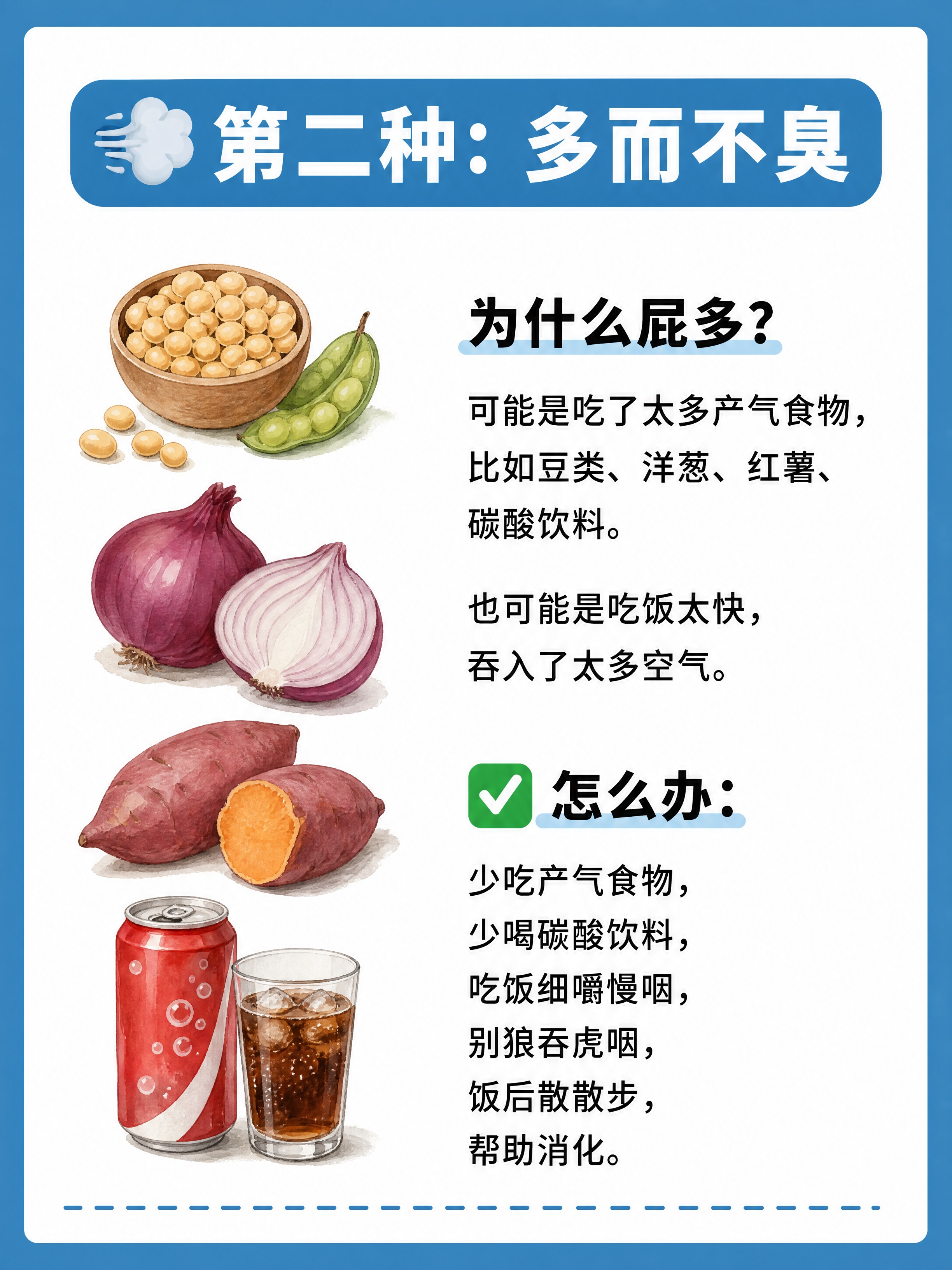 小红书健康科普图文内页，第二种：多而不臭。参考图风格：蓝色粗边… - 图片创意预览