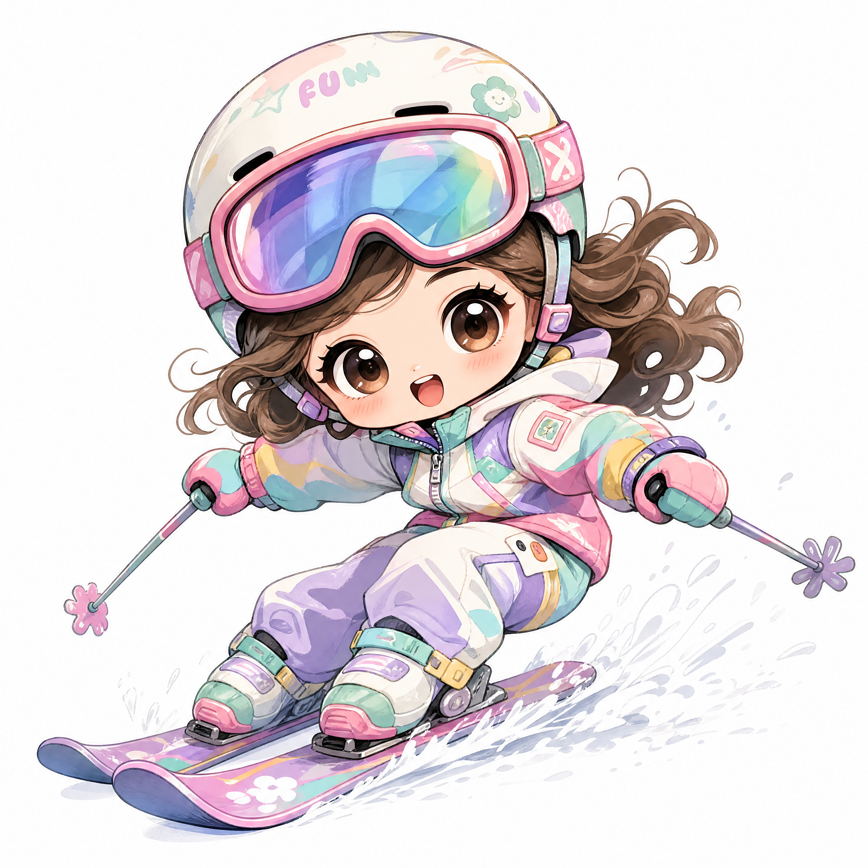 一头身Q版比例泡泡玛特风格年轻女性正在滑雪，手绘卡通风格，抽象… - 图片创意预览