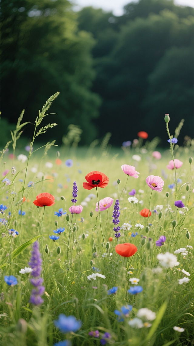 一张充满生机的野花田野照片，画面中以红色虞美人、粉色花朵和紫色薰衣草为主，点缀着蓝色和白色的小花，绿色的草叶和茎秆在微风中轻轻摇曳，形成自然的动态感。整体采用柔和的自然光，光线明亮但不刺眼，背景是模糊的深绿色树木，营造出浅景深效果，突出前景的花朵。色彩鲜艳而和谐，以绿色为基调，红色、粉色、紫色等暖色调花朵与蓝色、白色的冷色调小花形成对比，画面充满春日气息和浪漫氛围，给人一种宁静、愉悦、生机勃勃的感觉。