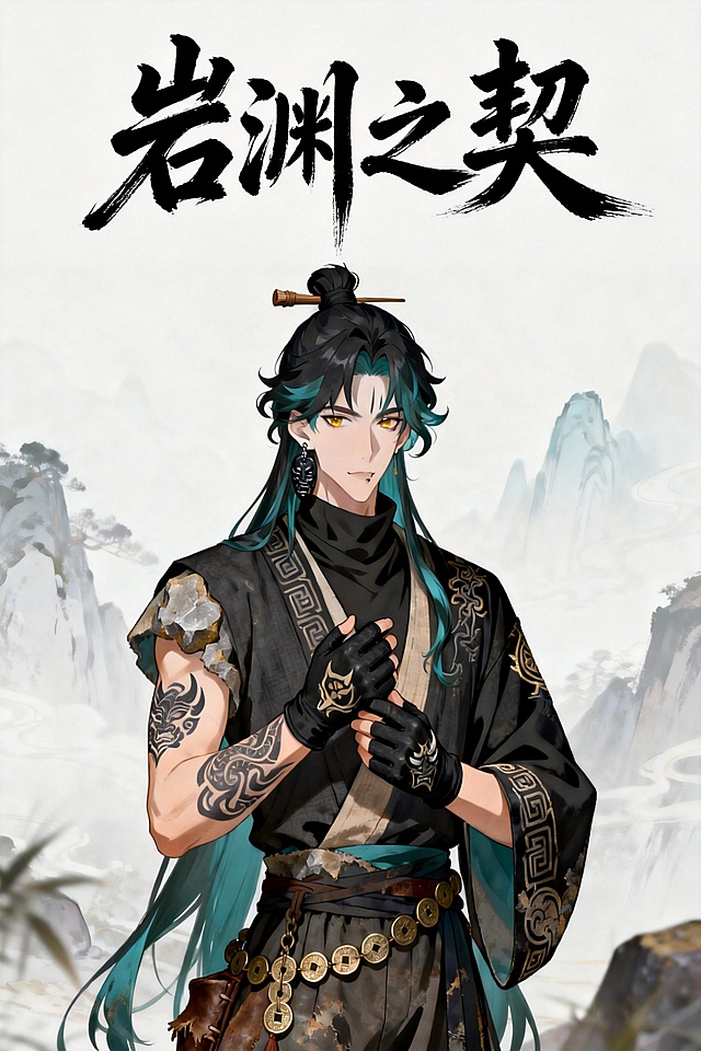 添加书法字体标题“岩渊之契”，字体风格与古风山水背景契合，整体作为小说封面