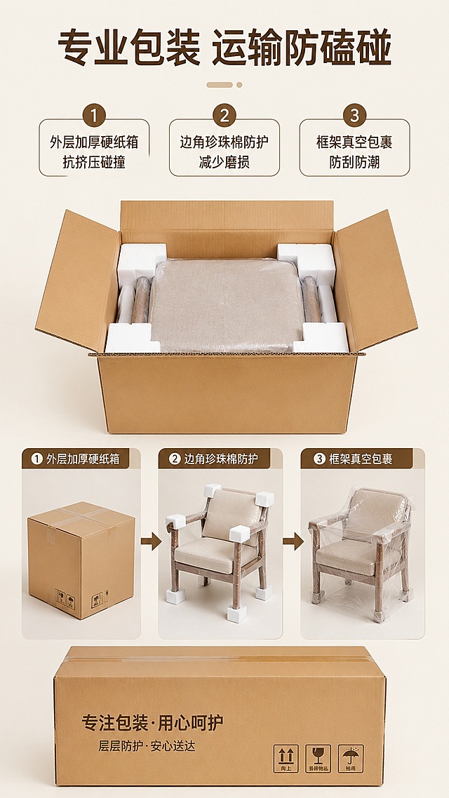 [第16屏] 包装展示，说明产品运输包装防护工艺。本屏展示完整包装好的产品效果图。
[氛围/风格] 真实专业，清晰展示包装流程，让买家放心运输安全。
[元素布局] 上方主标题，下半部分展示包装好的休闲椅，外层加厚硬纸箱，边角加泡沫防护，内部框架用珍珠棉包裹，分层展示包装防护，避免运输磕碰。
[光影质感] 均匀棚拍，整体清晰明亮，包装细节展示清楚。
[配色色系] 全局底色 #F5F0E6，纸箱原色浅棕色，防护泡沫白色，文字深棕色。
[视角构图] 上下排版，上标题下产品展示，主体居中清晰。
[文字版式] 顶部主标题「专业包装 运输防磕碰」，下方三点说明：①外层加厚硬纸箱，抗挤压碰撞；②边角珍珠棉防护，减少磨损；③框架真空包裹，防刮防潮。文字清晰，信息明确。
[比例分辨率] 9:16竖版比例，1K分辨率，文字清晰可辨，高清画质。
[负向提示词] 包装变形，文字错乱，细节模糊，误导信息。