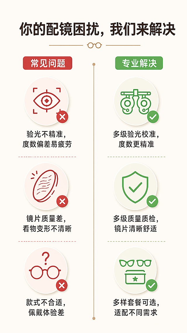 [第3屏] 痛点与目标页，点明日常配镜的常见困扰，引出专业配镜服务价值。
[氛围/风格] 简约专业风，浅米底色，暖棕点缀，清晰排版，亲和不生硬。
[元素布局] 主标题放在顶部，左右分栏对比：左侧 "配镜常见困扰"，右侧 "我们的解决方案"，左右各占45%宽度，中间用暖棕色竖线分隔；每个痛点和方案用图标+短句展示，每点上下排列，留出充足间距，背景干净不杂乱。
[光影质感] 整体均匀柔光，文字清晰，图标有轻微投影突出层次，整体明快干净。
[配色色系] 全局底色：#F8F5F0（浅米）；主色：#333333（深棕文字）；点缀色：#C49A6C（暖棕）；对比色：#D9534F（痛点标红）、#5CB85C（方案标绿）。
[视角构图] 左右分栏对比构图，竖向阅读动线从上到下，信息一目了然，不拥挤。
[文字版式] 顶部主标题 "你的配镜困扰，我们来解决" 深棕居中；左侧小标题 "常见问题" 红色底白字，下方依次列出： "验光不精准，度数偏差易疲劳" "镜片质量差，看物变形不清晰" "款式不合适，佩戴体验差"，每个问题带小图标；右侧小标题 "专业解决" 绿色底白字，下方对应列出： "多级验光校准，度数更精准" "多级质量质检，镜片清晰舒适" "多样套餐可选，适配不同需求"，文字大小适中，手机端清晰可读。
[比例分辨率] 9:16竖版比例，宽度1080像素，高度1920像素，4K分辨率，文字清晰可辨，超高清。
[负向提示词] 文字错乱，对比排版混乱，颜色过于鲜艳，水印，背景杂乱，文字模糊。