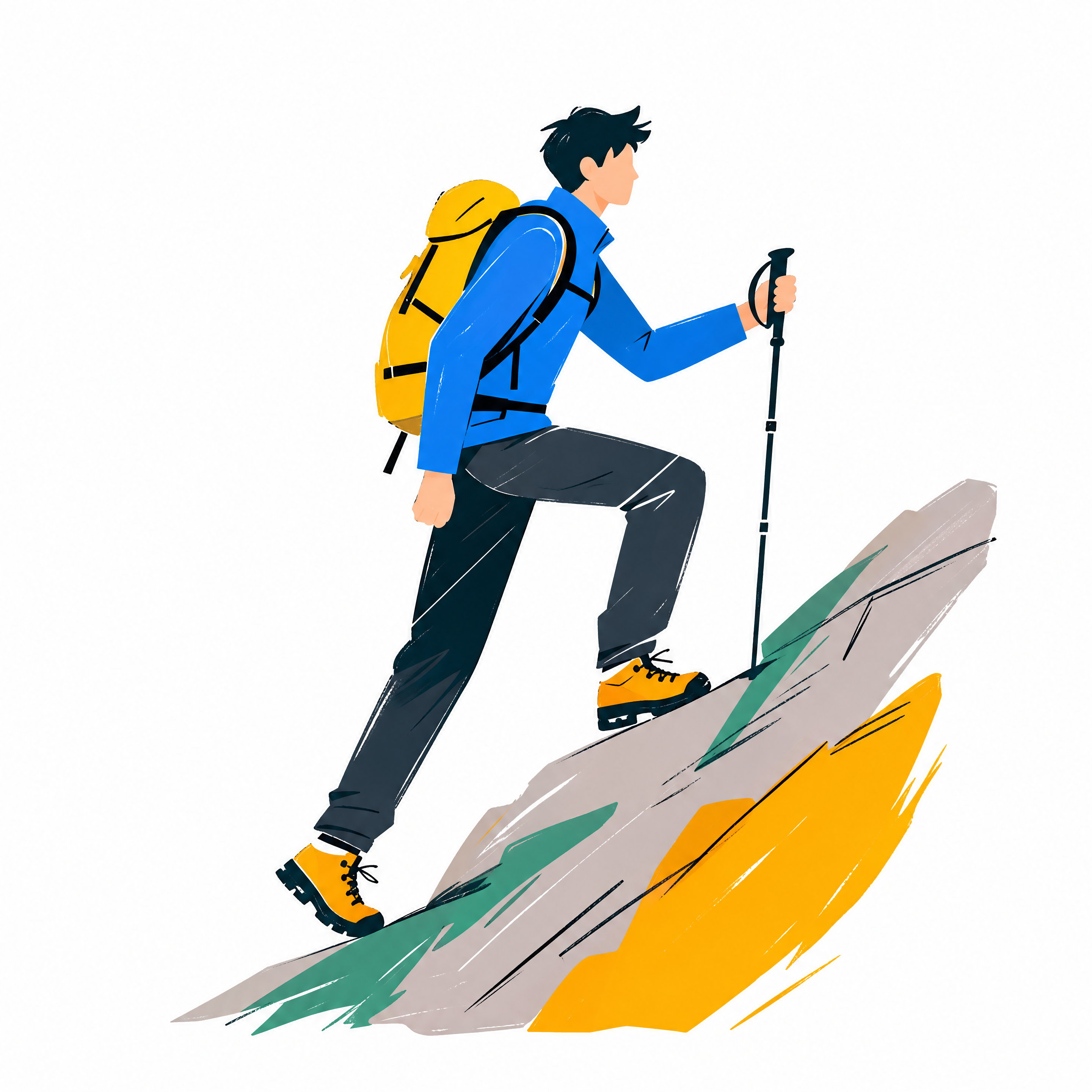 超简约抽象平面插画风格年轻男性正在爬山，抽象概括线条简约，手绘… - 图片创意预览