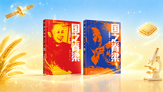 16:9宽屏PPT演示背景图，浅天蓝平滑渐变过渡到暖鹅黄色，柔和通透光影。画面中心摆放两本实体图书《国之脊梁青少年版》，书本封面保持原始高清锐利，文字图案清晰不模糊，书本为实拍质感，不重绘书封。画面左侧金色麦穗，左上方金色简约卡通人造卫星，画面右侧金色芯片模型，右下角复古浅色显微镜。环绕书本有柔和发光光环，漂浮细碎金色星光粒子，淡淡的光轨线条，光晕呼吸柔光效果。干净极简，没有任何文字、水印、logo，无多余杂物，主体书本区域干净，动态元素全部在底层背景，适合5-8秒低循环动态，8K，电影质感，明亮高级，适合青少年阅读主题。