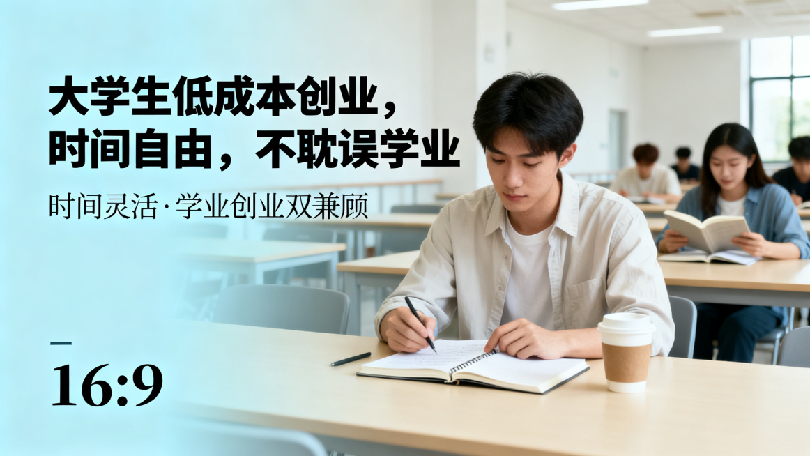 学生创业宣传海报，主副标题分明，主标题为"大学生低成本创业，时间自由，不耽误学业"，副标题突出时间灵活，搭配大学校园自习室背景，年轻学生阅读记录场景，现代简约设计，字体使用宋体或圆体，清新色调，16:预览效果