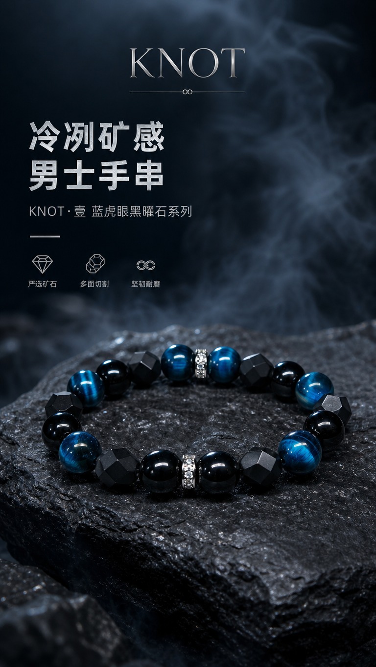 [商品] 使用【图1】和【图2】男士手串，保留蓝虎眼圆珠、黑曜… - 图片创意预览