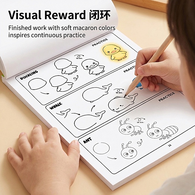 [垫图] https://gdesign-dam-hz.dancf.com/35907359463031886/df52f8f4e74849d088485b5fa5346b03.png
[主图主题] Positive Instant Feedback Mechanism Highlight
[氛围/风格] Clear contrast visual effect, encouraging learning atmosphere
[画面元素] Close-up view of a practice page showing duck drawing steps. Left side: black and white line drawing steps, right side: finished duck filled with soft macaron yellow. Sharp contrast between line art and colored finished work forms a visual reward. Small child's hand holding pencil about to draw on the practice area
[配色色系] Main colors: white paper, black line art, soft macaron yellow finished duck; auxiliary color: natural wood pencil
[视角构图] Close-up perspective, focus on the contrast between line art and colored drawing
[文字版式] Top left text "Visual Reward闭环", "Finished work with soft macaron colors inspires continuous practice", large bold title, smaller description, all text English, do not cover drawing area
[比例分辨率] 1:1 square, 2048px resolution