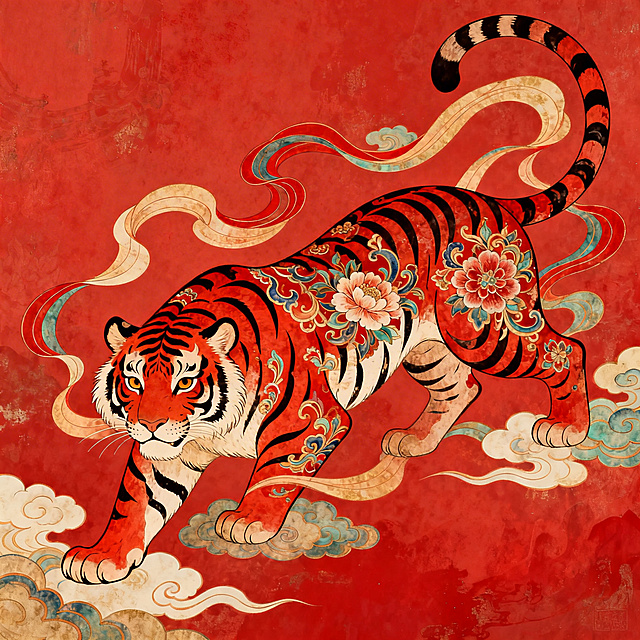 寅虎主题插画，融合中国传统风格与敦煌壁画艺术特色，红色主色调，老虎形象融入敦煌飞天元素、祥云纹样、传统花卉图案，线条细腻流畅，色彩饱满浓郁，具有敦煌壁画特有的厚重质感和华丽装饰性