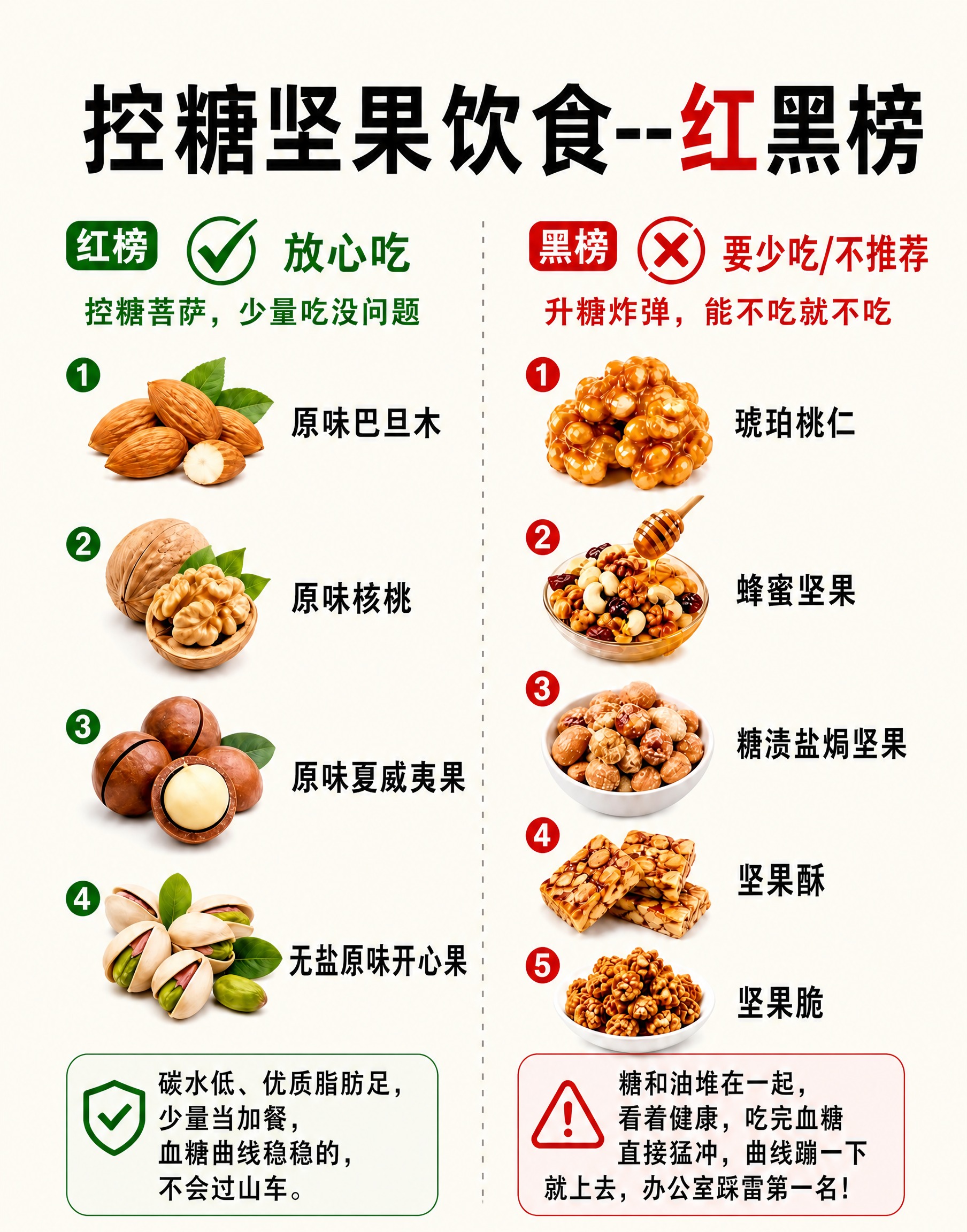 将这张控糖坚果红黑榜信息图的背景简化，去除四周的绿叶、燕麦、坚… - 图片创意预览