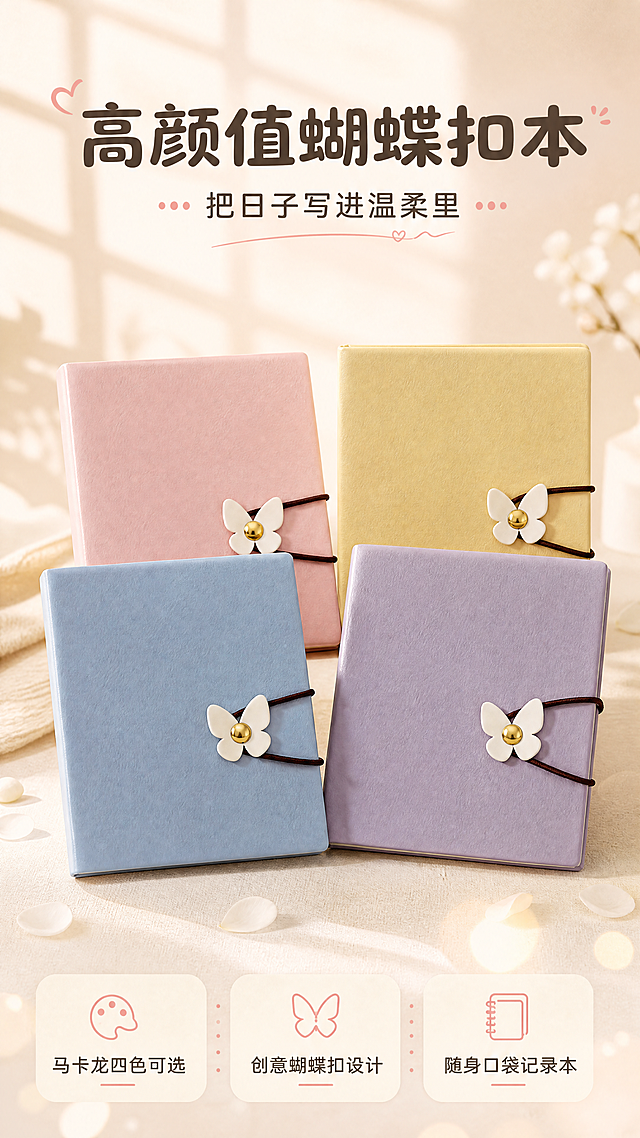 [商品] 使用【图1】【图5】四色蝴蝶扣本（樱花粉、奶黄色、雾霾蓝、香芋紫）；保留方形外观、白色蝴蝶扣配金色圆钉、棕色绑带、皮质封面质感和四色配色；修复封面轻微压痕，增强皮质细腻纹理与五金光泽，不改变产品结构和颜色。
[画面] 目标：氛围头图，突出高颜值治愈感与四色全家福。构图：居中对称排列，四本蝴蝶扣本错落摆放，产品占画面60%；前景散落几片白色花瓣与柔和光斑，中景为产品主体，背景为浅米色柔化桌面+温柔窗影，阅读动线从上至下。
[视觉] 套系策略：风格=清新文艺治愈系商业摄影；标题字=圆润粗黑体；正文字=简洁圆角无衬线体；主色=浅米杏；背景延展=基于浅米杏做深浅层级、同色渐变和细腻纸张/织物质感；强调色=温柔粉，仅用于小面积图标、引线和标签；标题色=深棕灰；正文色=中暖灰；组件=圆角浅底信息卡、细线引线、圆点装饰；光影=左前侧暖柔光，柔和自然阴影。
[文字] 上方主标题"高颜值蝴蝶扣本"，副标题"把日子写进温柔里"，下方3个短卖点"马卡龙四色可选""创意蝴蝶扣设计""随身口袋记录本"，文字区位于画面上下留白处，不遮挡产品主体与蝴蝶扣细节。
[规格] 图片比例9:16竖版，4K，避免变形、错字、文字过小、冷蓝/冷灰背景、产品颜色改变、结构失真。
