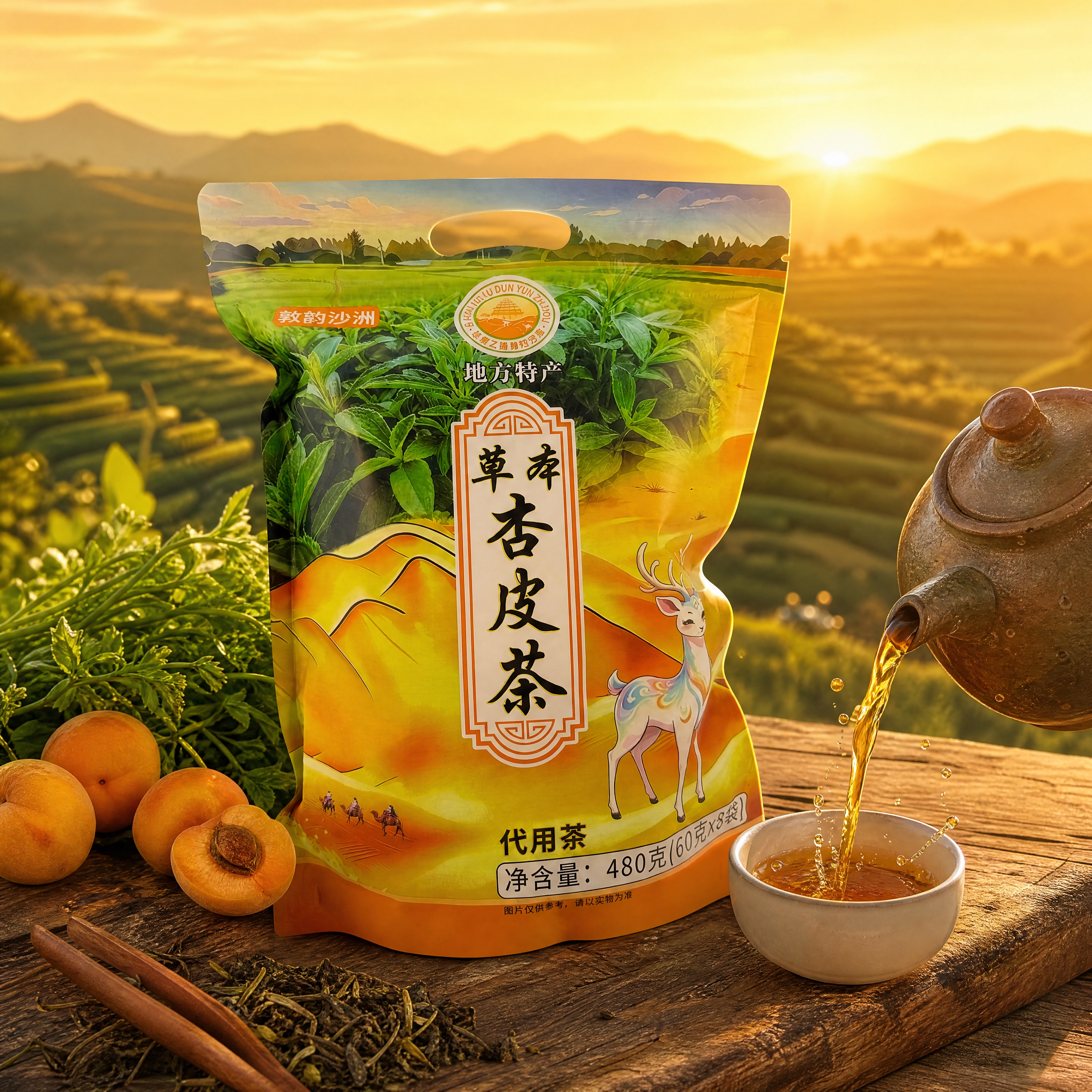 超写实食品商业摄影。 主体：草本杏皮茶橙黄色包装袋严格参照上传… - 图片创意预览