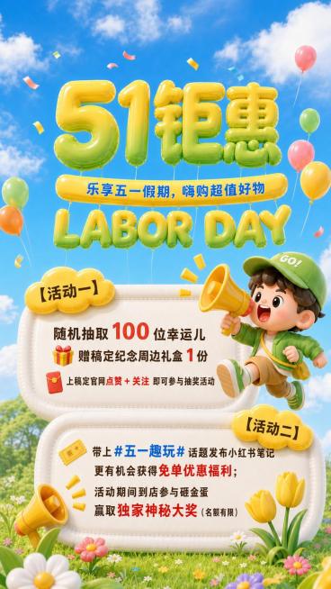 在此基础上修改：1. 将顶部三行文字"51钜惠"、"乐享五一假期，嗨购超值好物"、"LABOR DAY"整体稍微缩小；2. "51钜惠"和"LABOR DAY"的黄绿渐变调整为从上到下渐变，上部为黄色预览效果