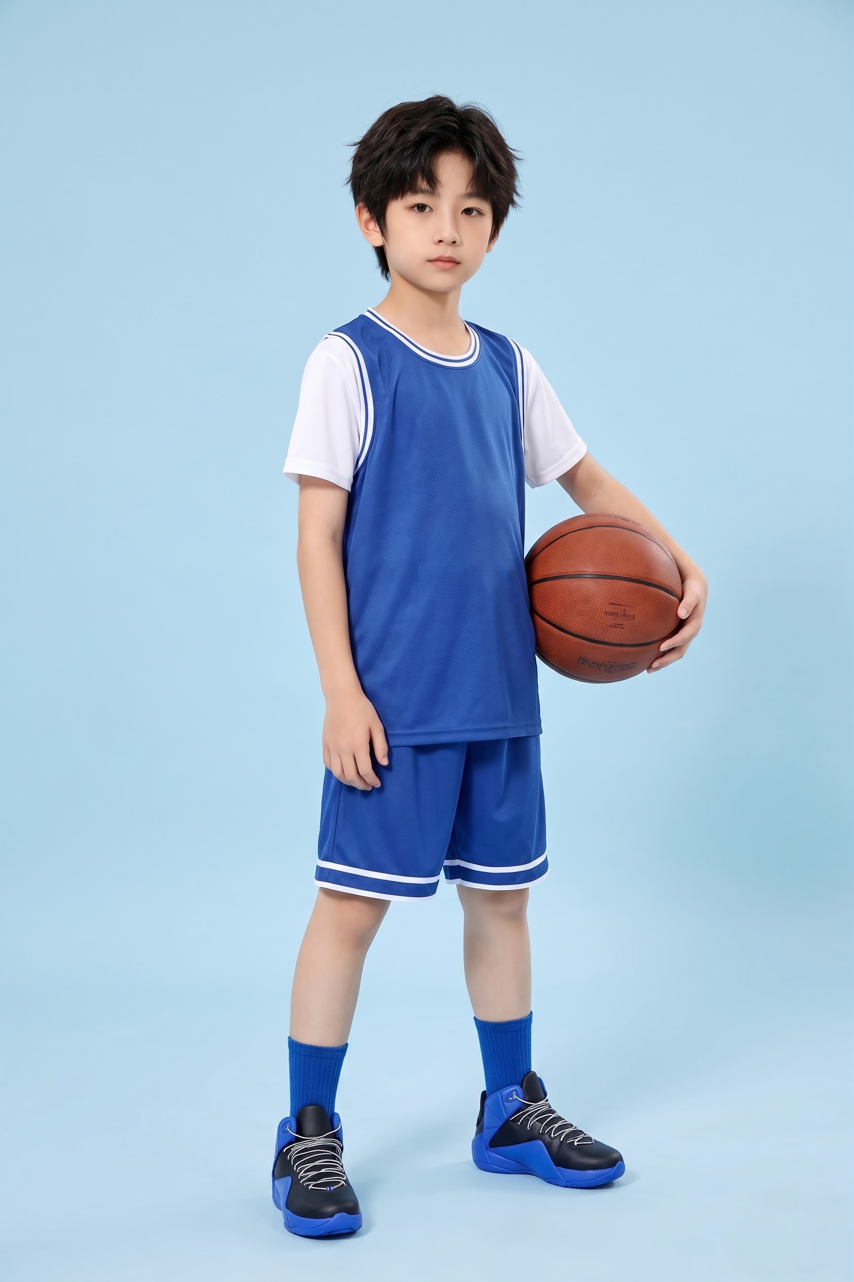 请将参考图2的【蓝色假两件短袖篮球服套装（含蓝色背心+白色短袖… - 图片创意预览