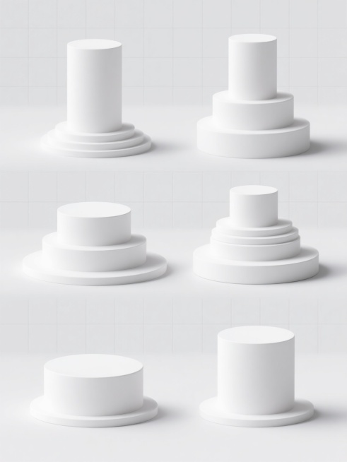 极简主义风格的白色展示台系列素材集合，包含六个完全不同设计的白色展台，保持圆柱元素类目，每个展台具有独特的几何形状和层次感，采用简约3D立体设计，柔和的白色渐变，精致的阴影效果和高光表现，统一的纯色背景，规整的网格排布，每个展台之间保持均匀间距，整体呈现出干净、现代、专业的设计感，适合产品展示使用。预览效果