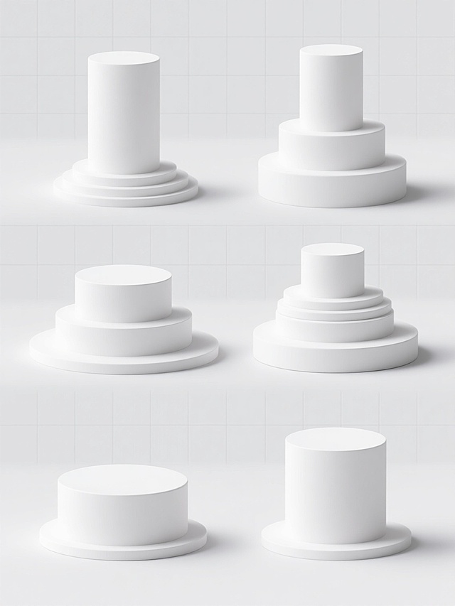 极简主义风格的白色展示台系列素材集合，包含六个完全不同设计的白色展台，保持圆柱元素类目，每个展台具有独特的几何形状和层次感，采用简约3D立体设计，柔和的白色渐变，精致的阴影效果和高光表现，统一的纯色背景，规整的网格排布，每个展台之间保持均匀间距，整体呈现出干净、现代、专业的设计感，适合产品展示使用。