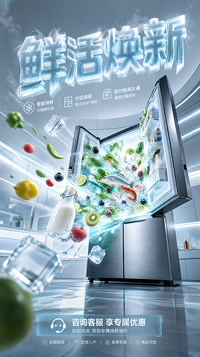 未来感科技风冰箱海报，3D重拟物设计，冰晶字体与玻璃质感光影交织，食材悬浮飞溅，虚拟现实场景营造清透清爽冲击力，金属冷调凸显高端智能保鲜体验。