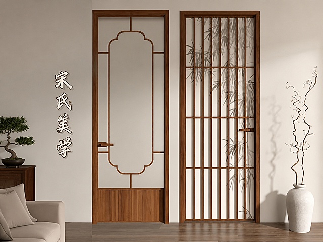 移除图片底部所有文字包括全国包邮、源头工厂直销、支持定制品质保证售后无忧、钛镁铝合金玻璃门，保持双扇新中式钛镁铝合金玻璃门的外观、物理结构、材质质感、颜色与原图一致，保持新中式家居场景不变，保持画面光线柔和通透，生成干净完整的玻璃门主图，4:3比例，商业摄影质感，超高清画质，产品清晰真实，画面干净高级