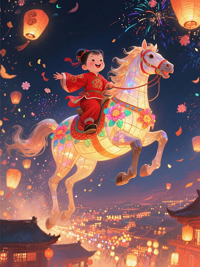 空中穿红衣传统服饰的福娃骑着马造型的巨型花灯从远处奔腾而来，背景是夜空下飞舞的花灯与流光特效，底下是万家灯火，热闹喜庆