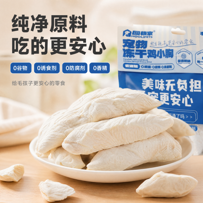 [主图-3] 宠物冻干鸡胸肉成分细节展示
[氛围风格] 家居治愈风，温馨干净
[画质] 商业摄影质感、光线柔和通透、产品清晰真实、画面干净高级
[元素] 微距特写冻干鸡胸肉肌理纹理，搭配包装袋一角放在预览效果
