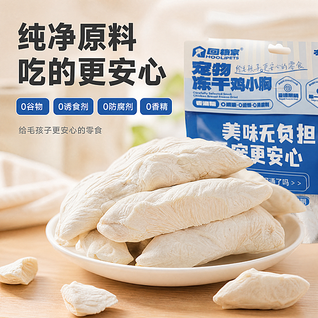 [主图-3] 宠物冻干鸡胸肉成分细节展示
[氛围风格] 家居治愈风，温馨干净
[画质] 商业摄影质感、光线柔和通透、产品清晰真实、画面干净高级
[元素] 微距特写冻干鸡胸肉肌理纹理，搭配包装袋一角放在浅米色家居桌面上，周围散落3-4块小块冻干作为点缀，一块白色小陶瓷碟盛放，整体温馨治愈。保持冻干与包装的颜色、质感和输入产品图绝对一致，杜绝变形色差。商品主体占比约70%，画面满屏无边框
[光影] 自然暖光，突出冻干表面肌理纹理，细节清晰
[配色] 浅暖木色搭配白色，干净清新，突出产品本身
[视角构图] 平视特写视角，聚焦肌理细节
[文字版式] 顶部大字标题："纯净原料 吃的更安心"，深灰色粗体；下方四个圆角标签横向排列：「0谷物」「0诱食剂」「0防腐剂」「0香精」，蓝色标签白色文字，每个卖点独立展示。底部一行小字："给毛孩子更安心的零食"，浅灰色，不抢主体
[比例分辨率] 1:1比例，4K分辨率；文字清晰锐利，画面超高清
[负向提示词] 变形，水印，文字错乱，产品图模糊，背景杂乱，文字遮挡主体