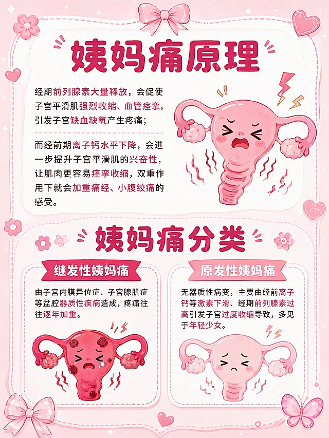 小红书科普信息图，4:3竖版，粉红偏红色系，少女可爱风格，版式精美，小红书笔记封面质感，信息层级清晰，适合信息流点击。与上一张「经期姨妈痛等级」图保持完全一致的视觉风格、字体、配色和排版体系。画面分为上下两个部分：

【上半部分】标题逐字锁定：「姨妈痛原理」，深粉红色圆润粗黑体大标题。下方配一段科普文字：「经期前列腺素大量释放，会促使子宫平滑肌强烈收缩、血管痉挛，引发子宫缺血缺氧产生疼痛；而经前期离子钙水平下降，会进一步提升子宫平滑肌的兴奋性，让肌肉更容易痉挛收缩，双重作用下就会加重痛经、小腹绞痛的感受。」文字清晰易读，分段落排版。文字旁边配一个可爱的卡通子宫插画，粉色系，带有表情，表现收缩痉挛的动态感，周围有闪电或波纹小图标示意疼痛。

【下半部分】标题逐字锁定：「姨妈痛分类」，深粉红色圆润粗黑体大标题。下方分为左右两个卡片式板块：
左侧卡片标题：「继发性姨妈痛」，内容文字：「由子宫内膜异位症、子宫腺肌症等盆腔器质性疾病造成，疼痛往往逐年加重。」配一个偏深红色的卡通子宫插画，表情难受。
右侧卡片标题：「原发性姨妈痛」，内容文字：「无器质性病变，主要由经前离子钙等激素下滑、经期前列腺素过高引发子宫过度收缩导致，多见于年轻少女。」配一个浅粉色的卡通子宫插画，表情略带不适。

背景为浅粉色渐变，点缀可爱的粉色爱心、小花、蝴蝶结等装饰元素，整体温馨治愈。画面四周留安全边距，文字不裁切。4K高清，细腻扁平插画风格，竖版构图。