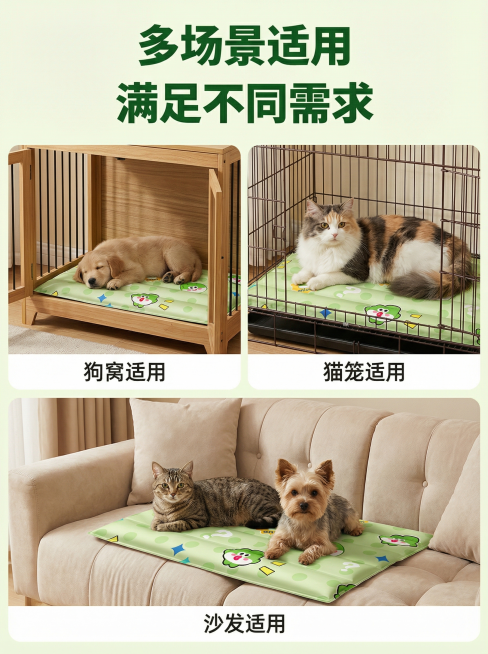 [主图 4] 宠物凉垫多场景使用展示
[氛围风格] 温馨居家，多样场景展示实用性
[画面元素] 商业摄影质感，光线柔和通透，产品清晰真实，画面干净高级。分三个宫格，分别展示凉垫放置在狗窝、猫笼、沙发三预览效果