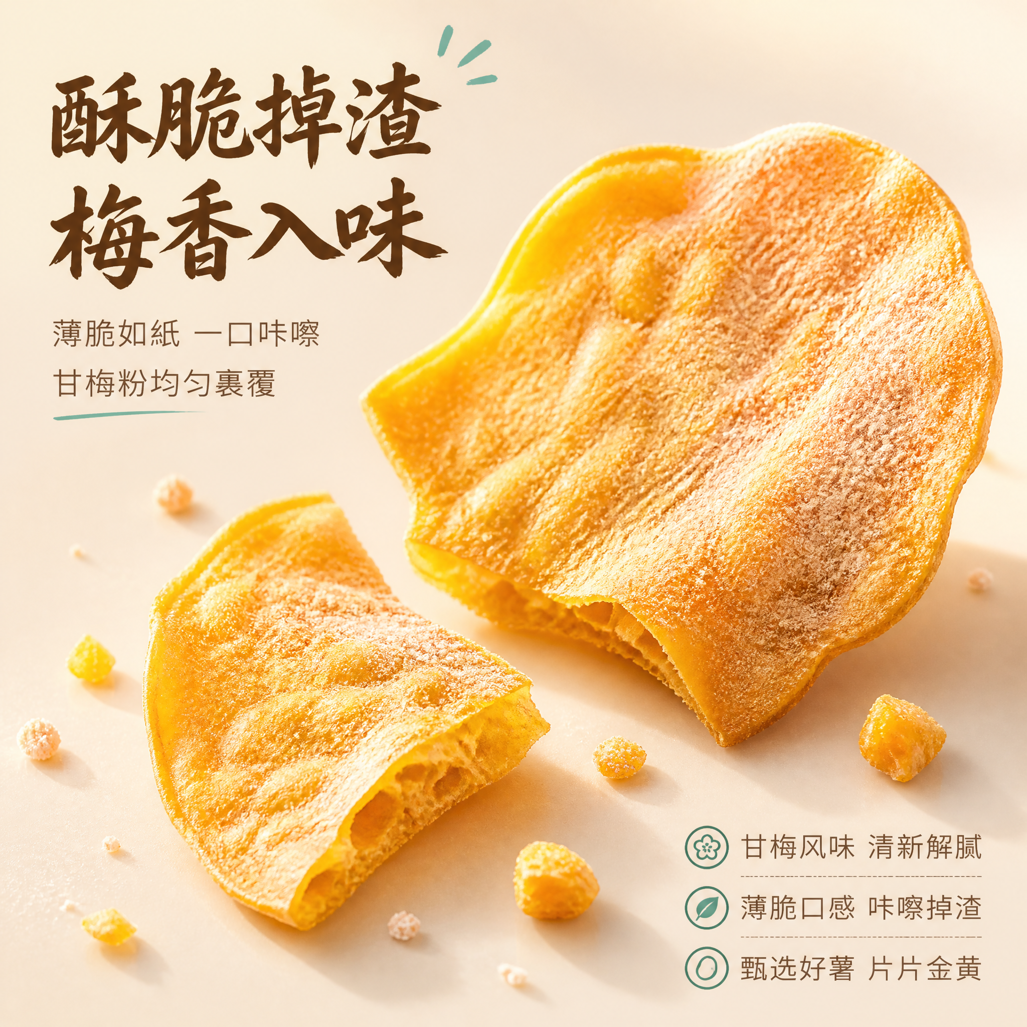 [主图-3] 美冴甘梅地瓜片 微距细节 酥脆质感与甘梅粉特写。… - 图片创意预览