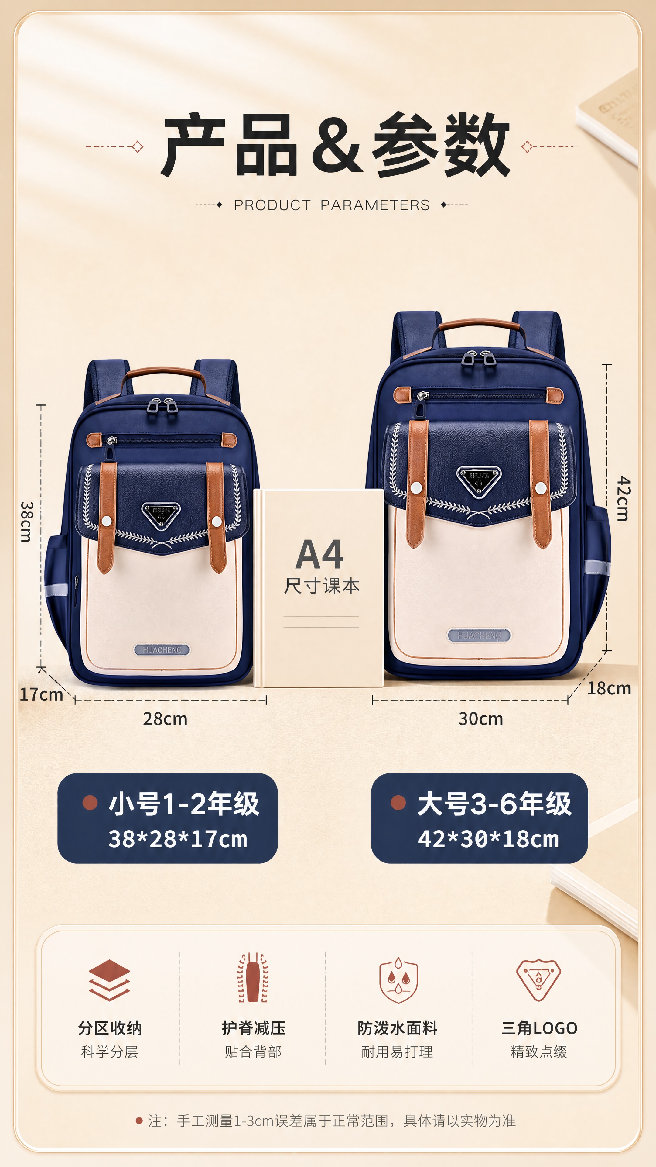 [商品] 使用【图2】宝蓝色小学生书包大小号对比；保留小号（1… - 图片创意预览
