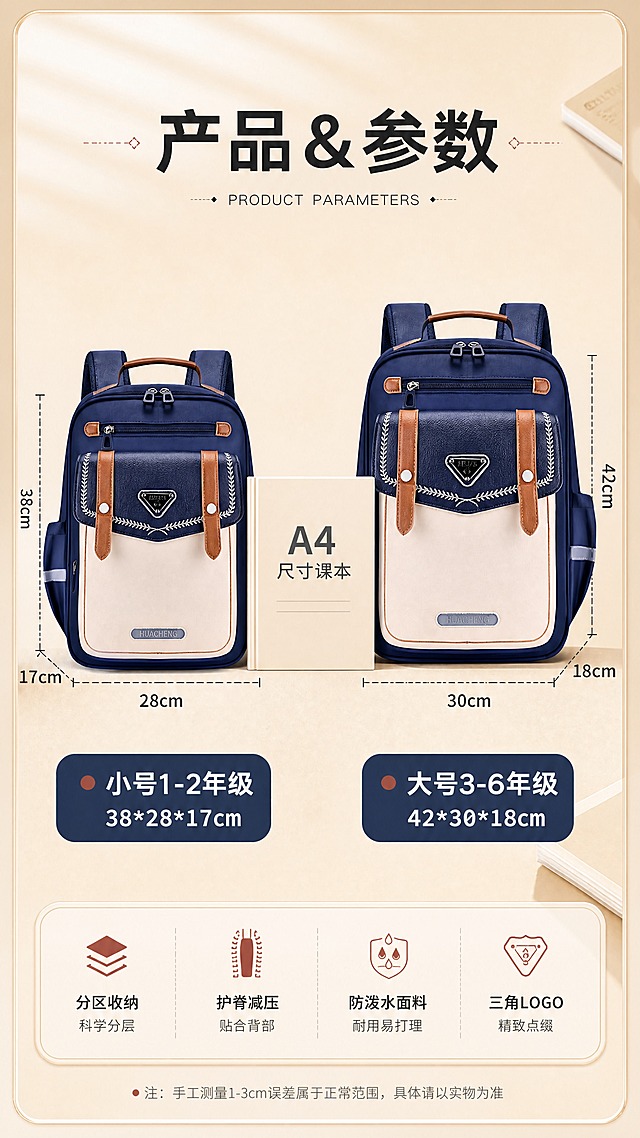 [商品] 使用【图2】宝蓝色小学生书包大小号对比；保留小号（1-2年级）和大号（3-6年级）两款书包的尺寸比例、结构、颜色、三角Logo等全部细节；增强面料质感。中间A4课本参照。
[画面] 尺寸对比页，目标清晰展示两个尺码的差异与适用年级。左右并列构图，左侧小号书包标注尺寸和适用年级，右侧大号书包标注尺寸和适用年级，中间A4课本作为参照。背景浅米色+虚线尺寸标注。产品占画面65%。
[视觉] 套系策略：风格=清新学院风商业摄影；标题字=粗黑体+衬线点缀；正文字=简洁无衬线黑体；主色=藏青蓝+暖米杏；背景延展=基于暖米杏做深浅层级、同色渐变和细腻哑光质感；强调色=砖红色，仅用于小面积标签、图标和引线；标题色=深炭灰；正文色=中暖灰；组件=圆角信息卡、胶囊标签、细线引线；光影=左前侧暖柔光，柔和阴影。
[文字] 顶部大标题「产品&参数」，英文副标题「PRODUCT PARAMETERS」；两款书包下方各配深蓝色圆角标签：「小号1-2年级 38*28*17cm」「大号3-6年级 42*30*18cm」；中间A4课本标注「A4尺寸课本」；底部小字备注「手工测量1-3cm误差属于正常范围，具体请以实物为准」。
[规格] 图片比例9:16竖版，4K分辨率，避免变形、错字、文字过小、冷蓝背景、书包颜色改变、版型失真、极限词。