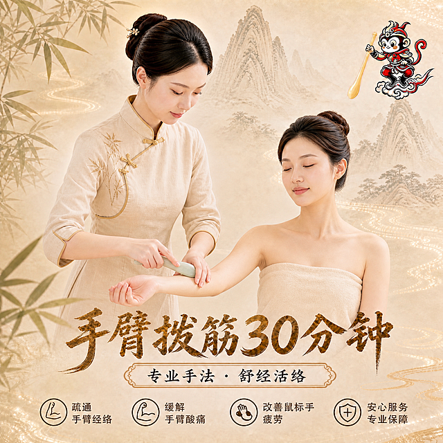 基于参考图进行修改：将顾客的姿势从趴卧改为坐立姿势，客人坐起来，伸出手臂，服务人员站在旁边为顾客进行手臂拨筋。顾客神情舒缓放松，闭眼享受；技师手持玉石拨筋棒，在顾客手臂部位操作，手法娴熟专业。技师的服装、发型保持与原图一致。背景、配色、山水竹叶、金色云纹、孙悟空logo位置、底部文字"手臂拨筋30分钟"、副标题"专业手法 · 舒经活络"、底部四个卖点图标及文字，全部保持与原图一致。整体风格、光影、质感与原图完全统一，仅修改人物姿势和操作部位。画面中所有数字必须精确渲染，不得错位、遗漏或编造。