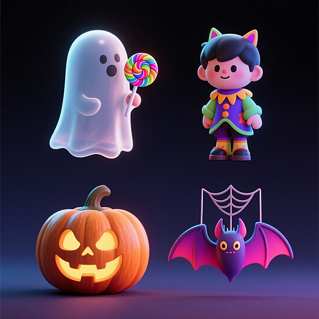4个万圣节素材组合包括：第一个：幽灵拿着棒棒糖；第二个：小孩万圣节装扮；第三个：南瓜灯；第四个：可爱蝙蝠和蜘蛛网。深色渐变背景，上下两行，排列整齐