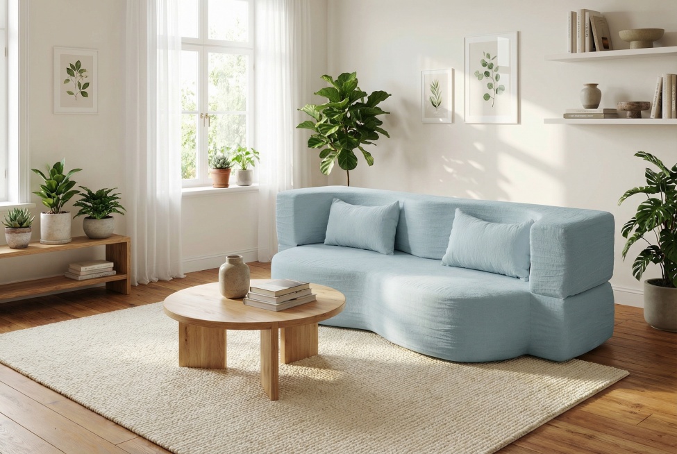 将浅蓝色弧形沙发放置在北欧风客厅场景中，搭配原木茶几、羊毛地毯和清新绿植，整体氛围温馨自然预览效果