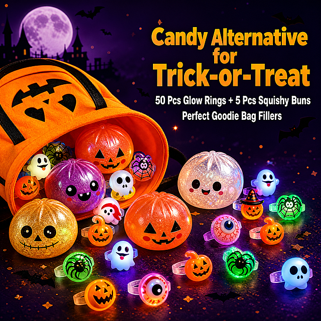 [主图-2] Trick-or-Treat 礼品袋填充场景，任务是展示产品作为万圣节糖果替代品、礼品袋填充物的核心使用场景。
[统一基调] 万圣节氛围，深紫色渐变背景，点缀少量橙色星光和蝙蝠剪影；标题用粗体无衬线橙黄色大字，辅助文字白色；整体为Amazon跨境信息图风格，儿童派对感，紫橙黑主配色。
[画面] 画面中央偏左是一个打开的橙色万圣节南瓜造型礼品袋（Trick-or-Treat bag），袋口敞开，里面装满了发光戒指和捏捏包子玩具，有几个玩具从袋口溢出散落在旁边；礼品袋旁散落着3-4个闪粉捏捏包子和5-6个发光戒指，展示丰富的填充物。右侧留出负空间放文字。背景是深紫色渐变，上方有淡淡的月亮和蝙蝠剪影，营造万圣节夜晚氛围。
[光影质感] 夜景派对氛围，主光偏暖橙色调，发光戒指有柔和的发光效果（微光、不刺眼），捏捏乐闪粉表面有环境光反射，整体有节日氛围感但产品清晰可辨。
[配色] 背景深紫到黑紫渐变，点缀橙色星光；产品保持原图紫、橙、金、白配色；文字主色橙黄，辅助色白色。
[文字版式] 右上角主标题大号粗体无衬线字："Candy Alternative for Trick-or-Treat"；下方两行小号白色辅助文字："50 Pcs Glow Rings + 5 Pcs Squishy Buns"、"Perfect Goodie Bag Fillers"。文字不遮挡产品主体，放在右侧负空间。
[输出要求] 1:1正方形，2048x2048像素，产品清晰、文字清晰可读；负向：变形、错字、模糊、杂乱、水印、平台Logo、中文文字、边框、人物面部扭曲、悬浮穿模。