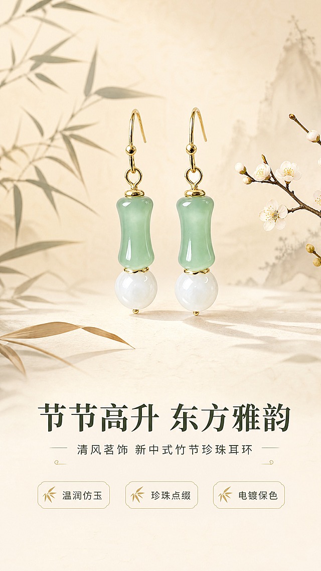[商品] 使用【图1】节节高升耳环；保留竹节形浅绿色仿玉珠、白色圆珠、金色耳钩与连接件的结构、颜色、比例和材质质感；修复产品边缘清晰度，增强玉石温润光泽和金属电镀质感，不改变商品造型。
[画面] 目标：氛围头图，第一印象传递新中式温婉雅致气质。构图：居中偏上展示耳环一对，下方留白放文案；主体占画面约50%。场景：浅米色宣纸质感背景，点缀淡墨竹影、一片干枯竹叶和一小枝白色腊梅，前中后三层景深；柔和侧光打在耳环上，玉石通透、金属泛暖金光。
[视觉] 套系策略：风格=新中式国风轻奢商业摄影；标题字=宋体衬线粗体；正文字=简洁无衬线体；主色=浅豆绿+米白+暖金；背景延展=基于米白宣纸做深浅晕染、同色渐变和细腻纸纹质感；强调色=暖金色，仅用于小面积图标、引线和标签；标题色=深墨绿；正文色=暖灰褐；组件=细线分隔、圆角浅底信息卡、竹叶小图标；光影=左前侧暖柔光，背景柔和漫射。
[文字] 画面下方留白区域横排排版：主标题"节节高升 东方雅韵"，副标题"清风茗饰 新中式竹节珍珠耳环"，下方3个短卖点「温润仿玉」「珍珠点缀」「电镀保色」，文字不遮挡耳环主体。
[规格] 图片比例9:16竖版，4K，避免变形、错字、文字过小、冷蓝背景、耳环颜色改变、结构失真。