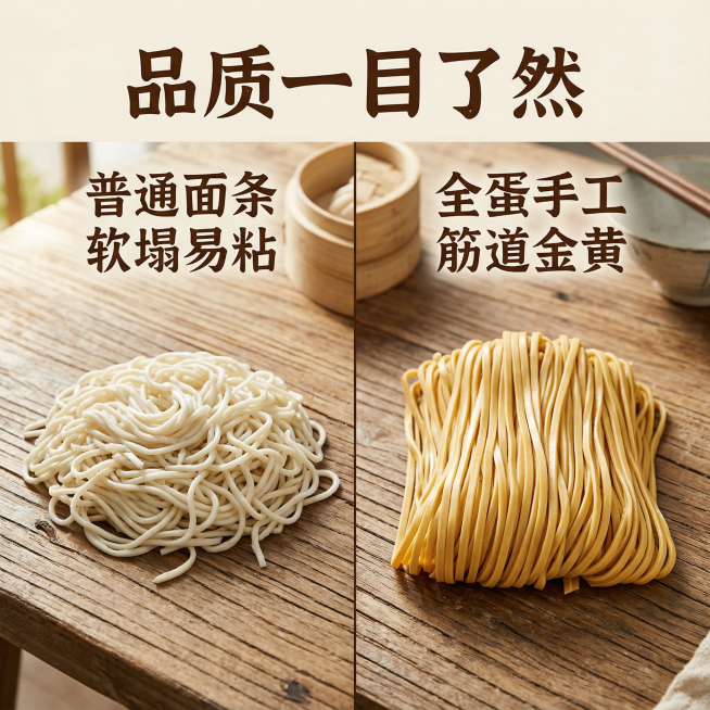 [主图 5 品质对比] 手工全蛋面对比展示主图，左侧是普通市面面条，颜色发白没有光泽，面条容易软塌粘连；右侧是我们的手工全蛋面，颜色自然金黄，面条根根挺立，筋道不粘连，通过对比凸显品质差异。背景是原木预览效果