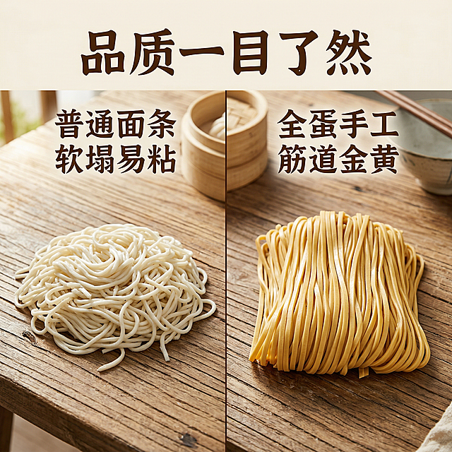 [主图 5 品质对比] 手工全蛋面对比展示主图，左侧是普通市面面条，颜色发白没有光泽，面条容易软塌粘连；右侧是我们的手工全蛋面，颜色自然金黄，面条根根挺立，筋道不粘连，通过对比凸显品质差异。背景是原木纹理台面，自然暖光，整体风格保持传统复古统一。上方大标题 "品质一目了然"，下方分别标注"普通面条 软塌易粘"和"全蛋手工 筋道金黄"，深棕色文字左对齐排版，不遮挡对比主体。