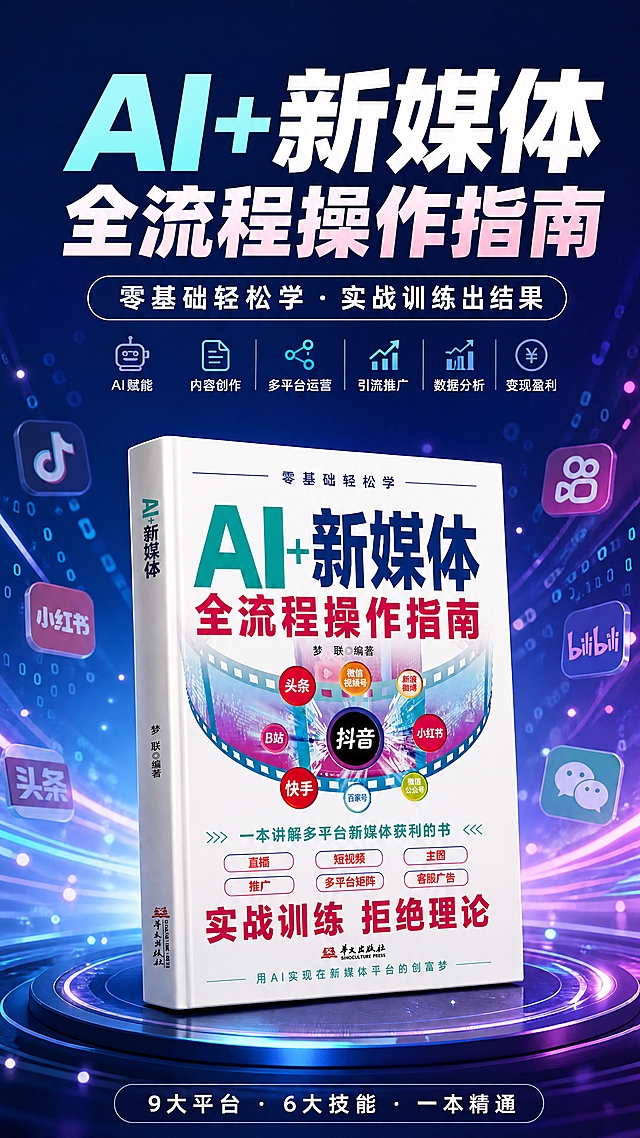 [商品] 使用【图1】《AI+新媒体全流程操作指南》书籍；保留书籍封面完整结构、颜色、文字和图案，包括"零基础轻松学"、"AI+新媒体"、"全流程操作指南"、各平台图标、"实战训练 拒绝理论"、"华文出版社"等所有文字和图案元素；书籍做立体立体质感呈现，角度微仰，增强厚度和质感。
[画面] 页面目标：氛围头图，第一眼抓住眼球。构图：书籍居中偏下，占画面约45%，上方留白放主标题。背景：蓝紫渐变科技感背景，有数字粒子、光线条、新媒体图标剪影等元素漂浮，营造前沿科技氛围。前景点缀：微弱的光斑和粒子效果。阅读动线：从上到下，先看标题再看书。
[视觉] 套系策略：风格=现代科技感商业摄影+知识干货风；标题字=现代粗黑体有力醒目；正文字=简洁无衬线体；主色=蓝紫渐变（青蓝到深紫）；背景延展=科技感渐变背景+数字粒子+光效线条+新媒体图标元素；强调色=玫红色；标题色=亮白色+青蓝色渐变；正文色=浅灰白色；组件=圆角信息卡片、细线引线、图标矩阵；光影=侧前方柔光+书籍轮廓光+科技感冷光环境。
[文字] 上方主标题："AI+新媒体 全流程操作指南"，大字号醒目；副标题："零基础轻松学 · 实战训练出结果"，中字号；底部小字："9大平台 · 6大技能 · 一本精通"。文字均为横排，不遮挡书籍主体。
[规格] 图片比例9:16竖版，4K，避免变形、错字、文字过小、书籍颜色改变、封面文字错乱。