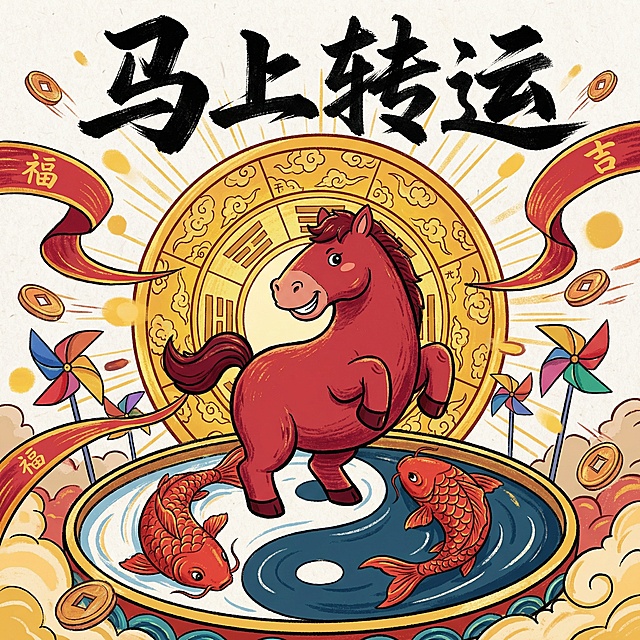 国潮风卡通马跃于太极锦鲤池，鎏金古币环绕，水墨笔触题“马上转运”，喜庆拟人设计，寓意吉祥好运。