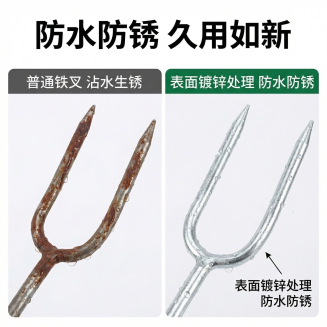 松土两齿叉详情图-抗锈测试，实用风格。左右对比图：左侧是普通铁叉沾水后生锈的样子，右侧是这款两齿叉沾水后无锈迹的样子，旁边标注“表面镀锌处理 防水防锈”。背景为白色，文字清晰。顶部文案“防水防锈 久用预览效果