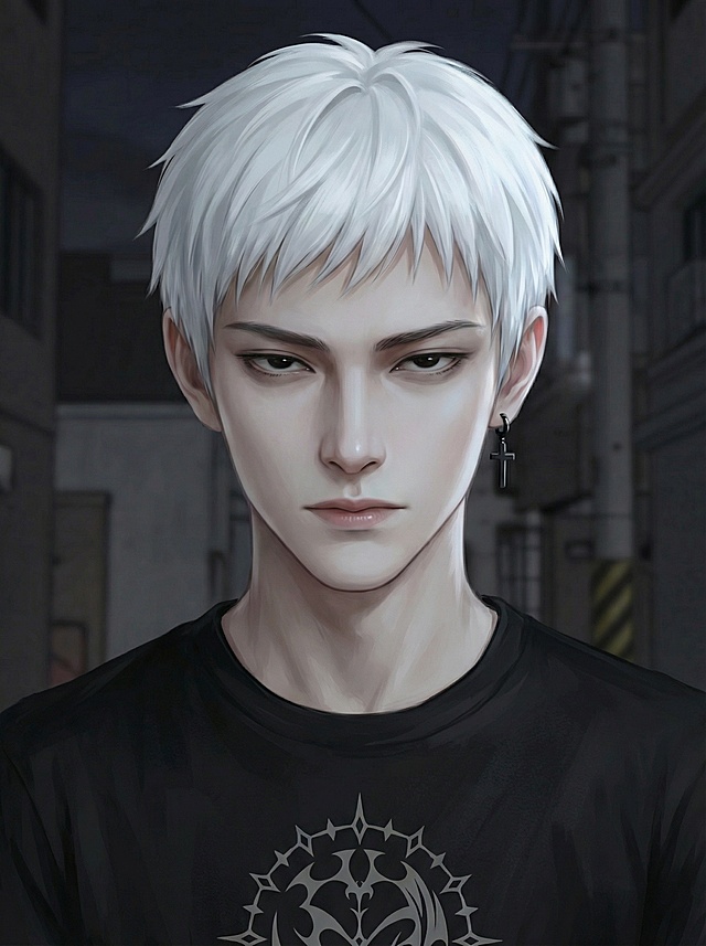 参考图4人物脸型和画风和图2图3人物气质，去掉图1人物的面罩发型与眼眉不变生成正脸照，鹅蛋脸，发型平滑，眼睛狭长死鱼眼黑色瞳孔眼神邪气，眉毛黑色/眉尾纤细整体平直无弧度弯曲，嘴唇改微微厚一点，尖短耳，人物气质疏离冷峻表情邪气带危险感，根据图4画风，正脸比例3:4。图4画风生成20张