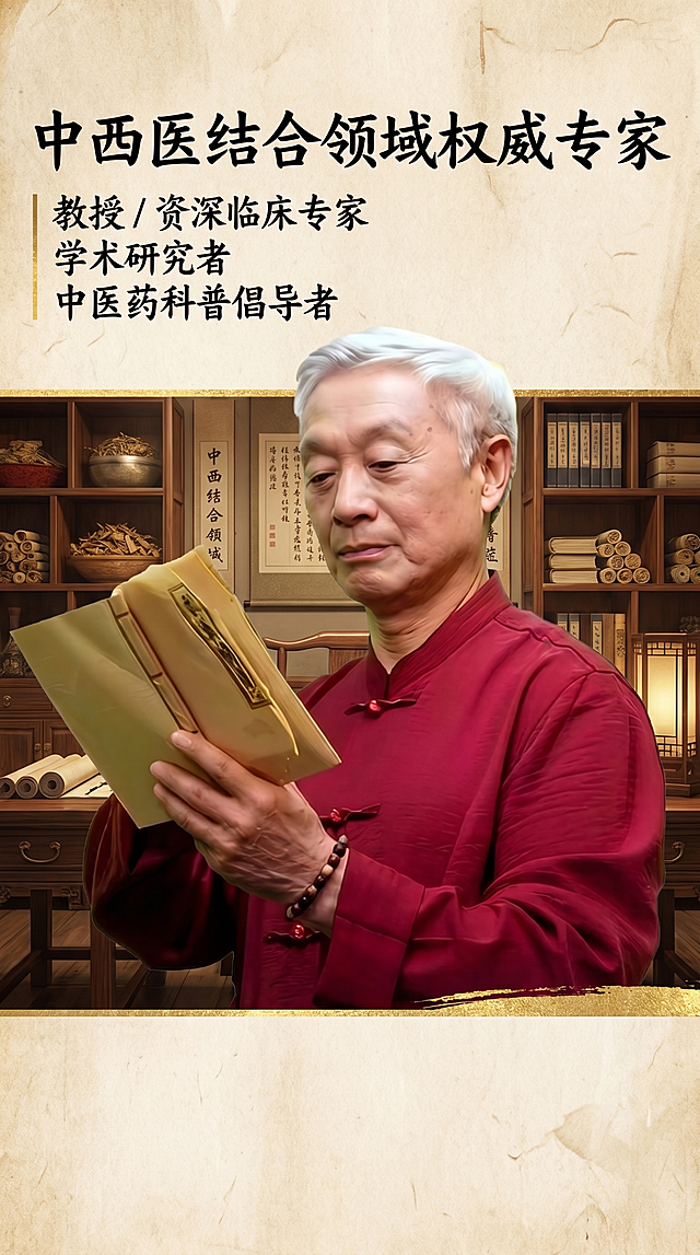 基于这张人物照片生成一张人物介绍图片，替换为古风背景，加上文字："中西医结合领域权威专家 教授 / 资深临床专家 学术研究者 中医药科普倡导者"，整体风格古雅大气，适合中医专家介绍