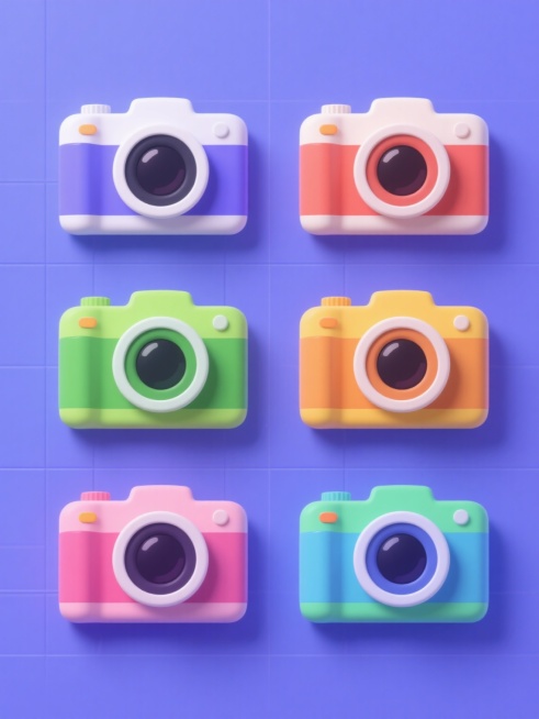 软3D风格相机系列素材集合，包含6个不同配色的相机图标，每个相机保持原有的经典相机轮廓、圆形镜头和机身造型，采用规整的网格排布，每个相机拥有独特的纯色背景和机身色彩，色彩鲜明且和谐，整体设计简洁现代，具有轻微的立体阴影效果，无任何文字、LOGO、二维码及多余装饰元素。预览效果