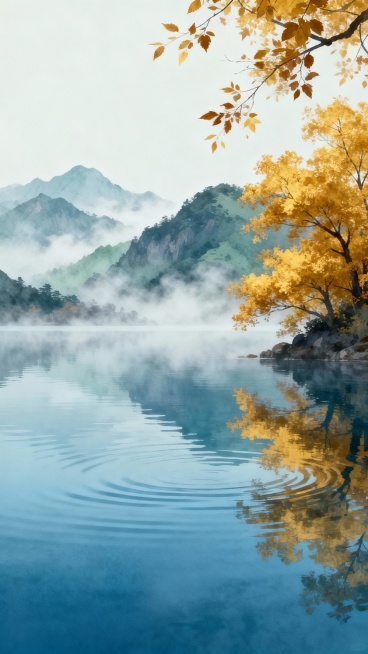 处暑节气主题竖版山水意境海报，宁静山水湖景，右侧金黄树木及水中倒影，远景山峦缭绕薄雾，暑气消散、秋意初显的闲适诗意氛围，清新蓝青为主调，金黄树叶点缀，湖水蓝调、山峦青灰层次分明，竖版构图，右侧突出树与预览效果