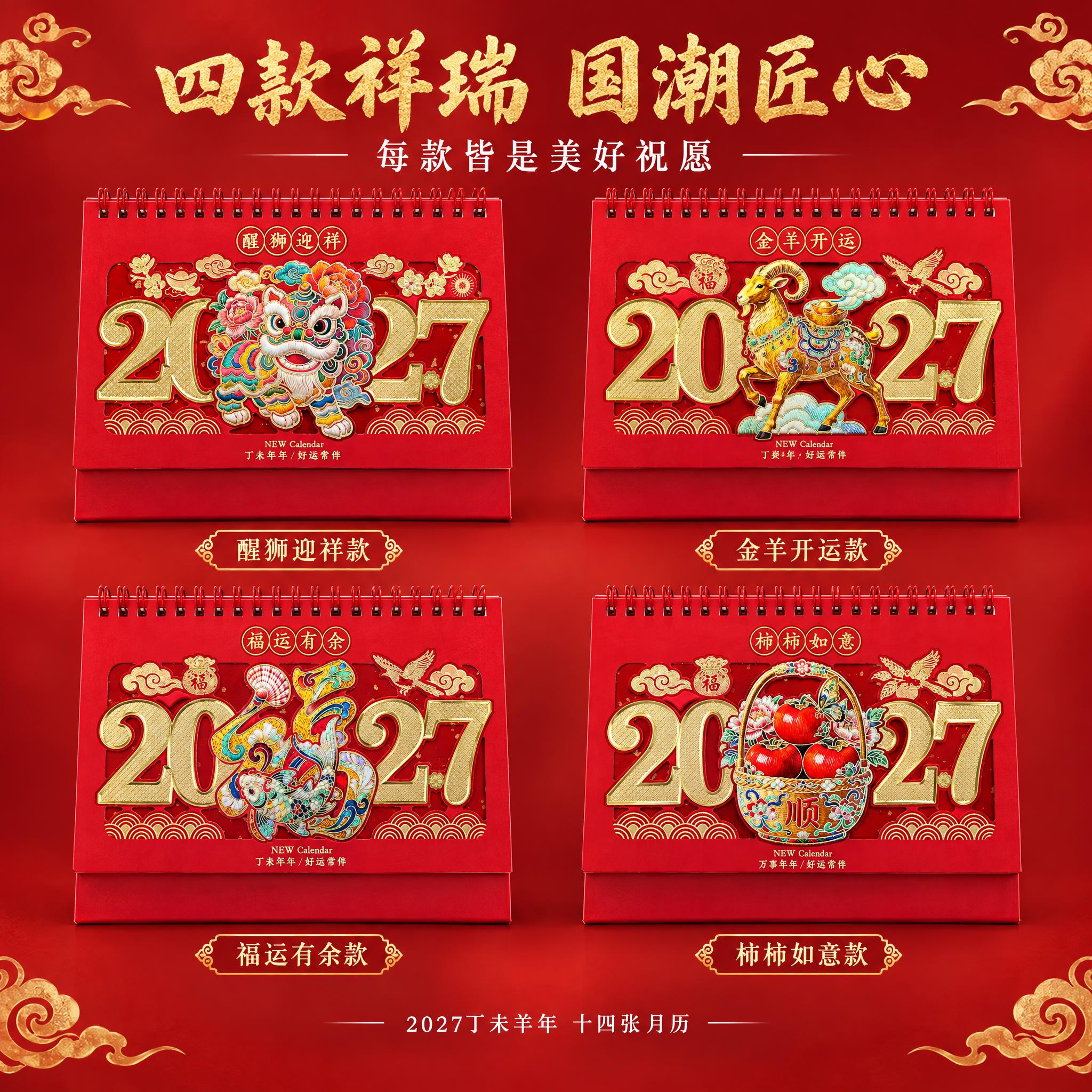 将用户提供的四款台历封面原图进行2×2宫格排版展示，严格保留每… - 图片创意预览