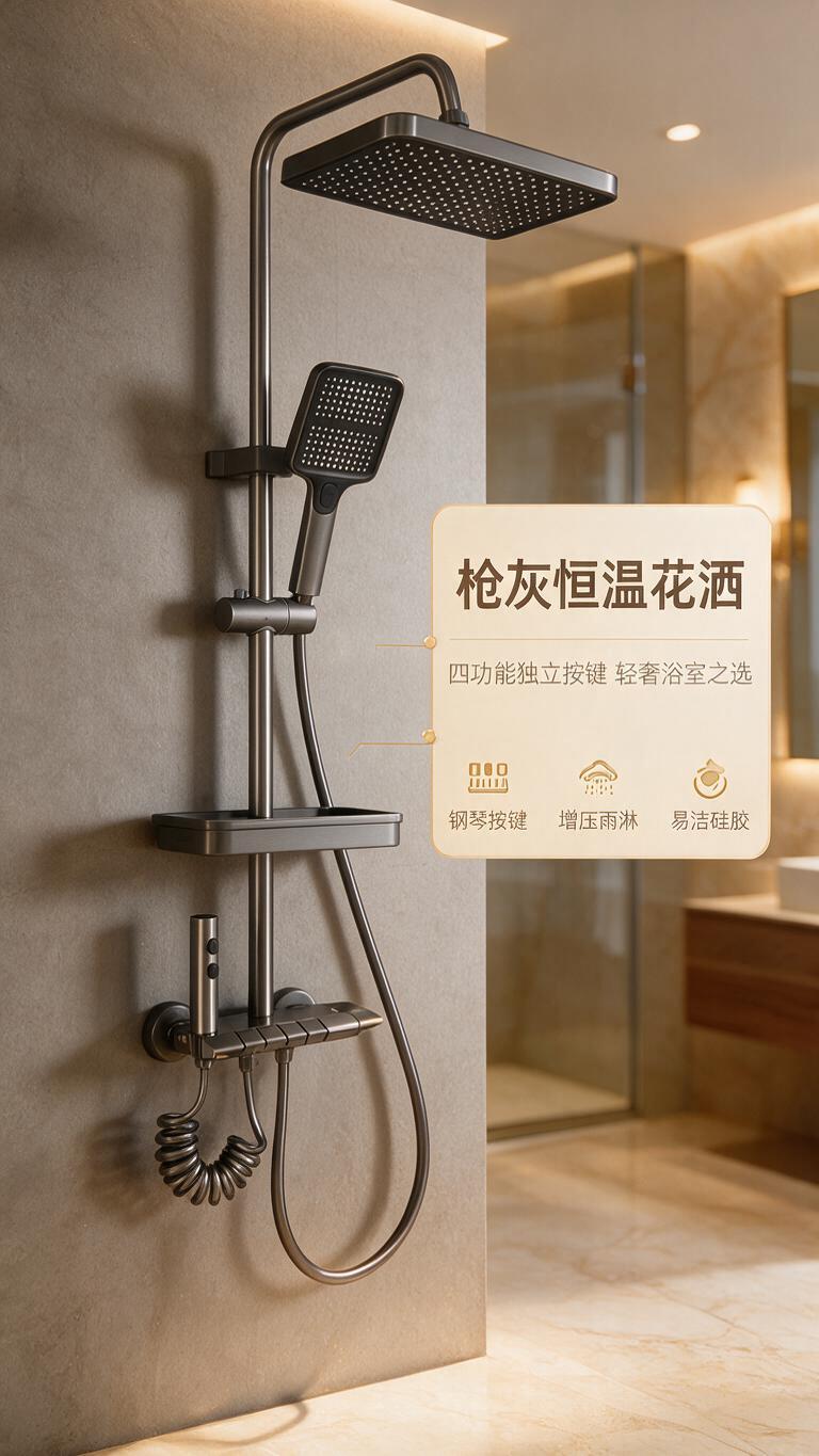 [商品] 使用【图1】枪灰色四功能淋浴花洒套装；保留方形顶喷、… - 图片创意预览