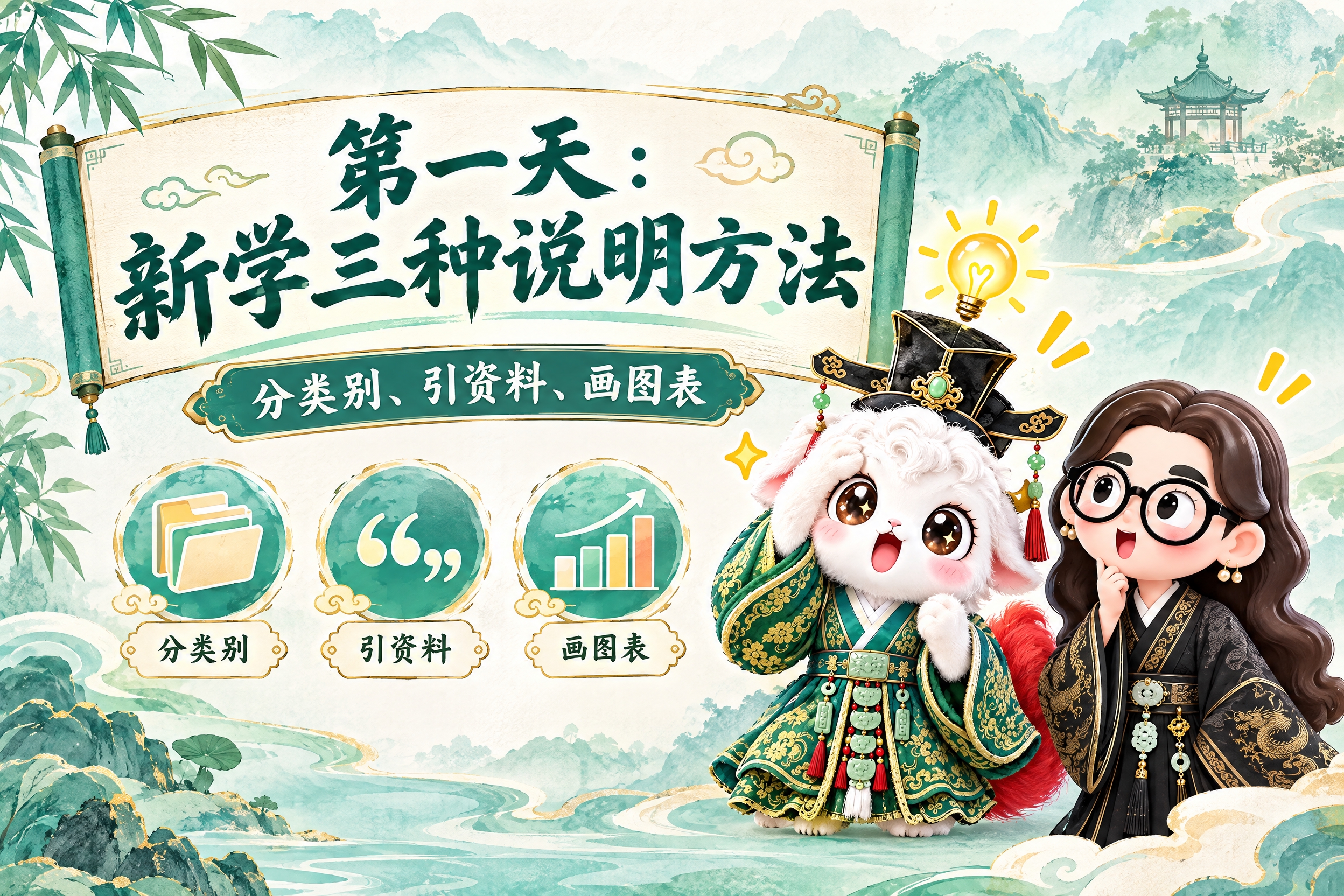 横版6寸比例的课程标题页设计，大标题为"第一天：新学三种说明方… - 图片创意预览