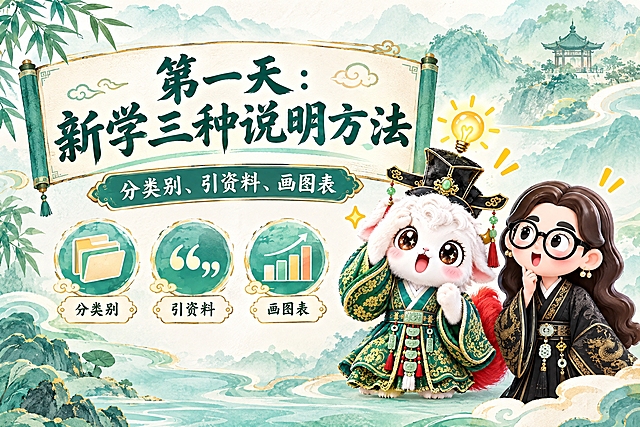 横版6寸比例的课程标题页设计，大标题为"第一天：新学三种说明方法"，副标题为"分类别、引资料、画图表"，画面中央有三个图标：分类标签、引用引号、图表柱状图，右侧放置两个Q版国风IP形象：一个是摸头灵光一闪、头顶有灯泡灵感的白色毛绒瑞兽（穿绿色汉服戴官帽），另一个是戴黑框眼镜、穿黑色金龙纹汉服的卡通女孩，两人表情恍然大悟，整体风格清新雅致，青绿色水彩风背景，与费曼复述卡系列风格统一，排版大气有层次感，适合打印
